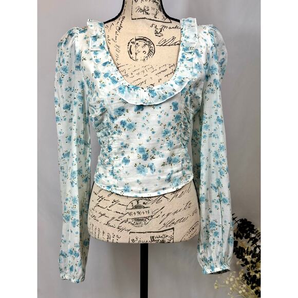 Free People Another Life Top White Combo Blue Floral Print L - Picture 7 of 16